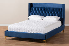 Load image into Gallery viewer, Baxton Studio Valery Modern and Contemporary Navy Blue Velvet Fabric Upholstered Queen Size Platform Bed with Gold-Finished Legs

