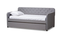 Load image into Gallery viewer, Baxton Studio Camelia Modern and Contemporary Grey Fabric Upholstered Button-Tufted Twin Size Sofa Daybed with Roll-Out Trundle Guest Bed
