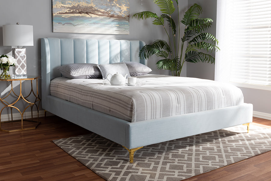 Baxton Studio Saverio Glam and Luxe Light Blue Velvet Fabric Upholstered Queen Size Platform Bed with Gold-Tone Legs