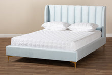 Load image into Gallery viewer, Baxton Studio Saverio Glam and Luxe Light Blue Velvet Fabric Upholstered Queen Size Platform Bed with Gold-Tone Legs
