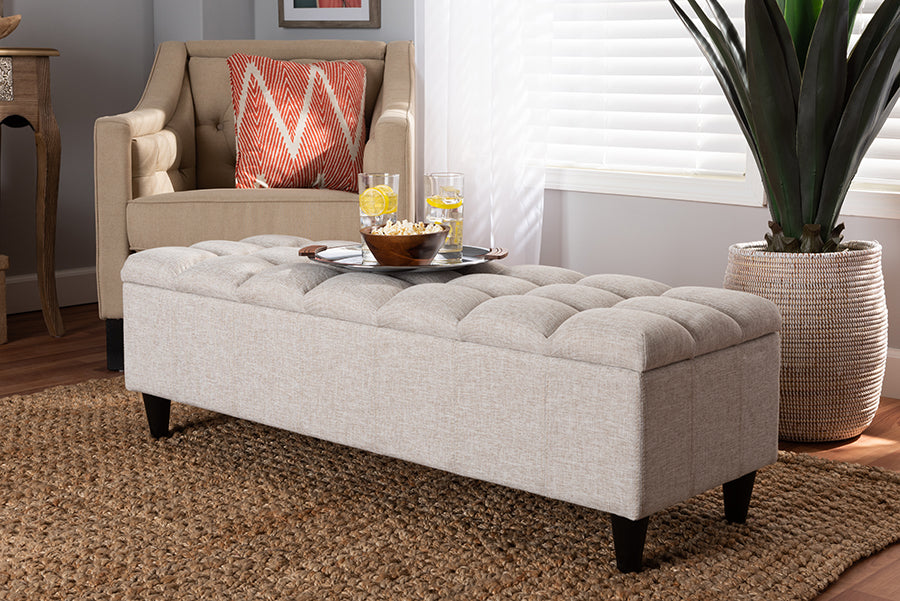 Baxton Studio Brette Mid-Century Modern Light Blue Fabric Upholstered Dark Brown Finished Wood Storage Bench Ottoman