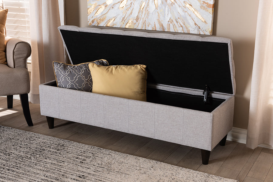 Baxton Studio Brette Mid-Century Modern Grayish Beige Fabric Upholstered Dark Brown Finished Wood Storage Bench Ottoman