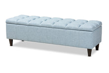 Load image into Gallery viewer, Baxton Studio Brette Mid-Century Modern Light Blue Fabric Upholstered Dark Brown Finished Wood Storage Bench Ottoman
