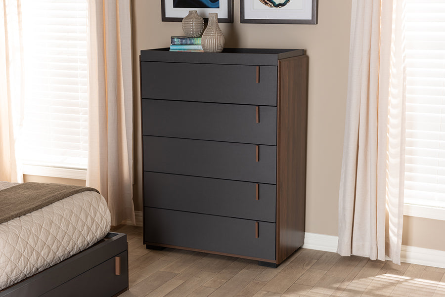 Baxton Studio Rikke Modern and Contemporary Two-Tone Gray and Walnut Finished Wood 5-Drawer Chest