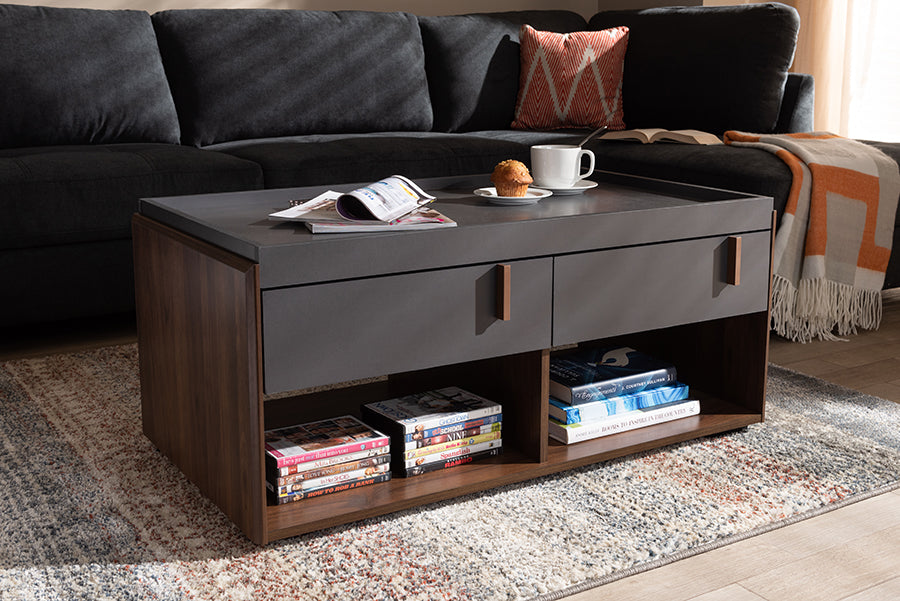 Baxton Studio Rikke Modern and Contemporary Two-Tone Gray and Walnut Finished Wood 2-Drawer Coffee Table