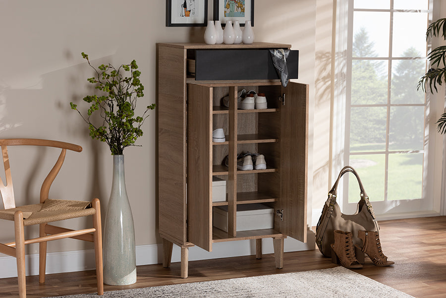 Baxton Studio Fella Mid-Century Modern Two-Tone Oak Brown and Dark Gray Entryway Shoe Cabinet with Drawer