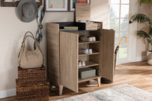 Load image into Gallery viewer, Baxton Studio Fella Mid-Century Modern Two-Tone Oak Brown and Dark Gray Entryway Shoe Cabinet with Lift-Top Storage Compartment
