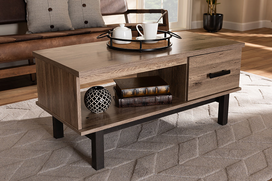 Baxton Studio Arend Modern and Contemporary Two-Tone Oak Brown and Black Wood 1-Drawer Coffee Table