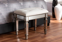 Load image into Gallery viewer, Baxton Studio Marielle Hollywood Regency Glamour Style Off White Fabric Upholstered Mirrored Ottoman Vanity Bench

