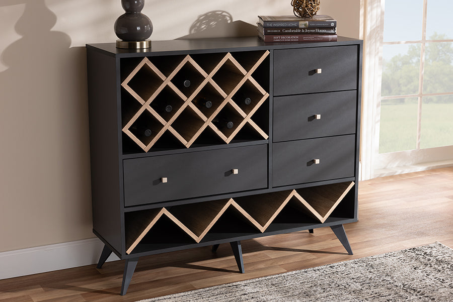 Baxton Studio Savino Mid-Century Modern Dark Grey and Oak Finished Wood Wine Cabinet