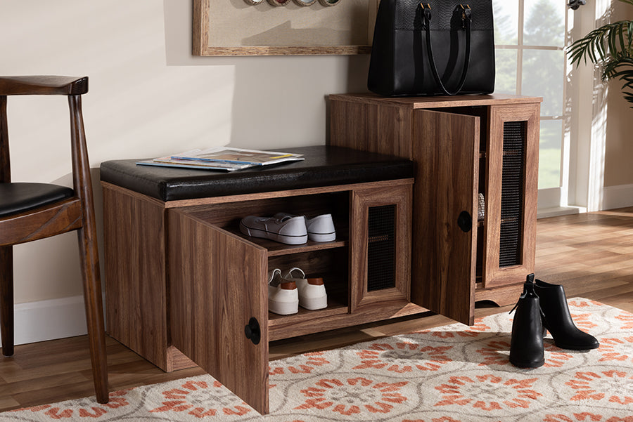 Baxton Studio Valina Modern and Contemporary Dark Brown Faux Leather Upholstered 2-Door Wood Shoe Storage Bench with Cabinet