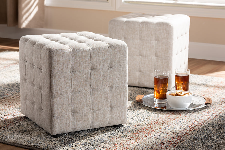 Baxton Studio Elladio Modern and Contemporary Beige Fabric Upholstered Tufted Cube Ottoman Set of 2