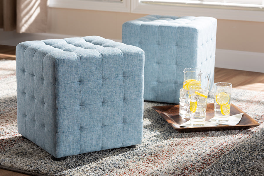 Baxton Studio Elladio Modern and Contemporary Light Blue Fabric Upholstered Tufted Cube Ottoman Set of 2