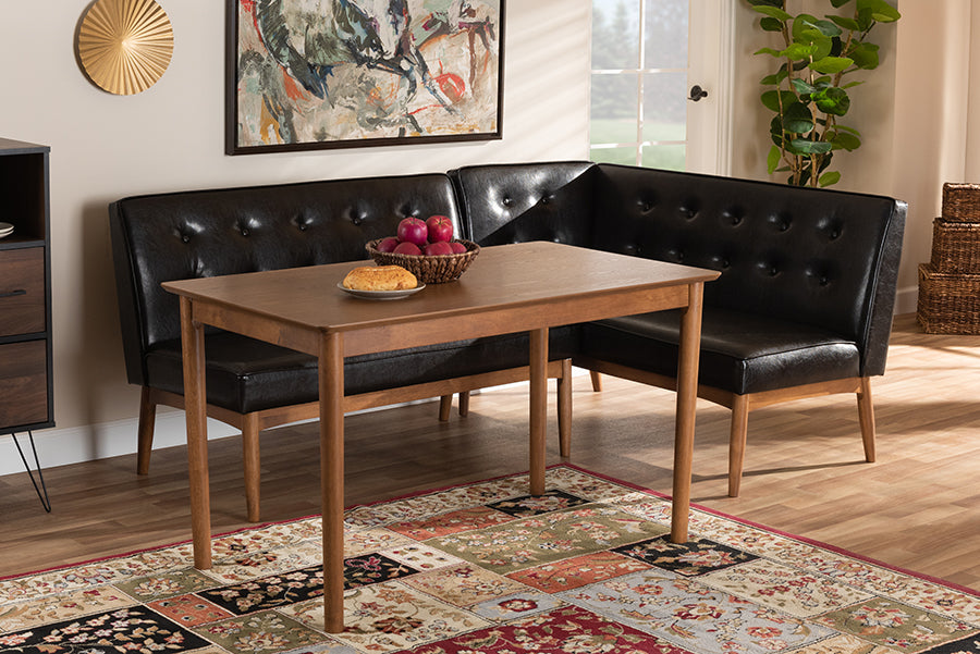 Baxton Studio Arvid Mid-Century Modern Dark Brown Faux Leather Upholstered 3-Piece Wood Dining Nook Set
