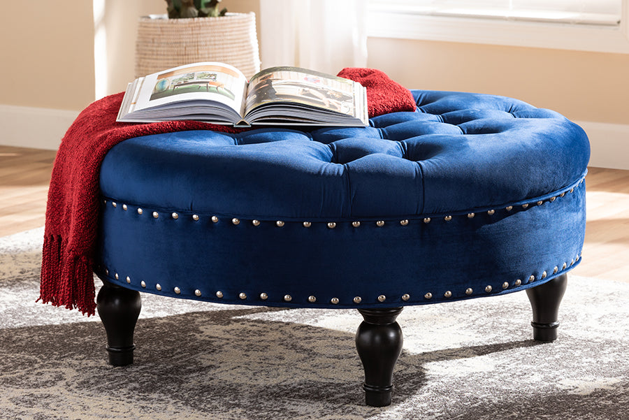 Baxton Studio Palfrey Transitional Blue Velvet Fabric Upholstered Button Tufted Cocktail Ottoman