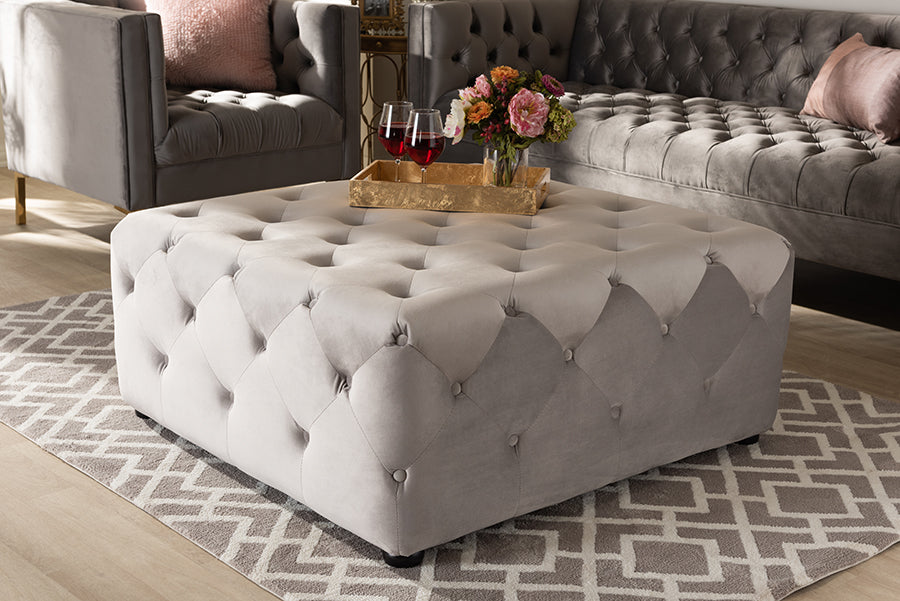 Baxton Studio Calvetti Modern and Contemporary Slate Gray Velvet Fabric Upholstered Button-Tufted Cocktail Ottoman