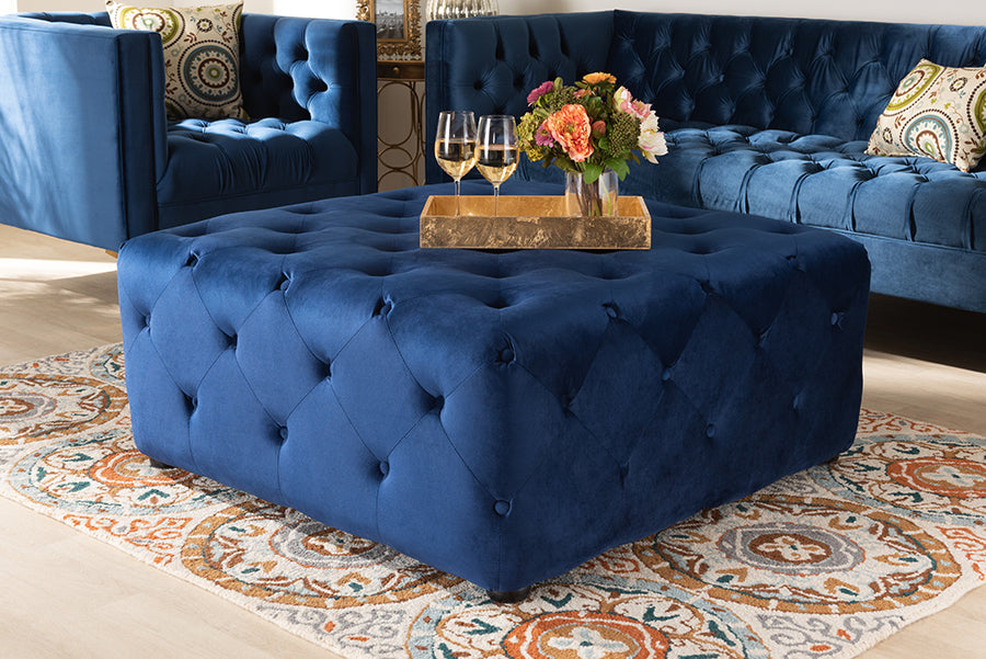 Baxton Studio Calvetti Modern and Contemporary Royal Blue Velvet Fabric Upholstered Button-Tufted Cocktail Ottoman