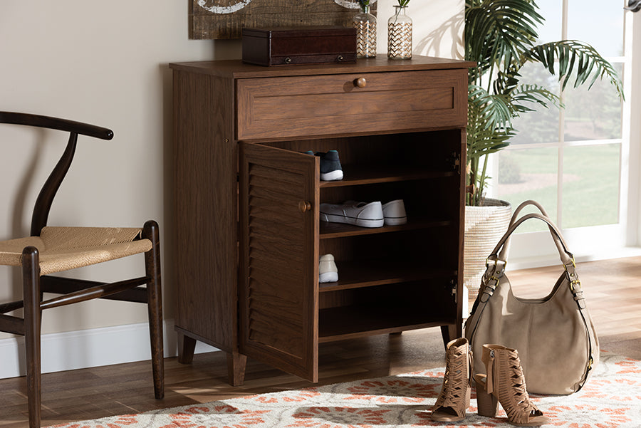 Baxton Studio Coolidge Modern and Contemporary Walnut Finished 4-Shelf Wood Shoe Storage Cabinet with Drawer