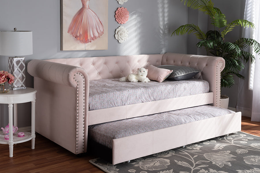 Baxton Studio Mabelle Modern and Contemporary Light Pink Velvet Upholstered Daybed with Trundle