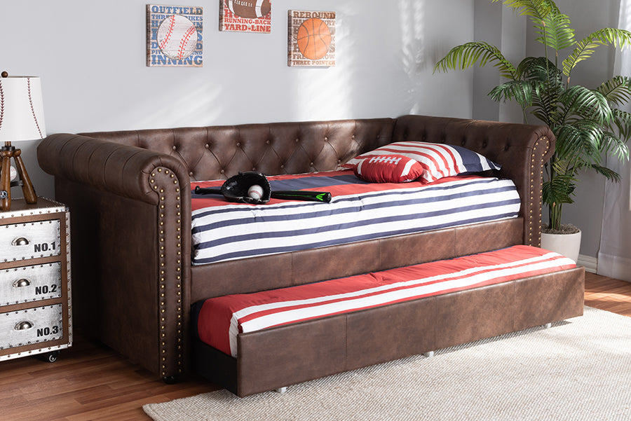 Baxton Studio Mabelle Modern and Contemporary Brown Faux Leather Upholstered Daybed with Trundle