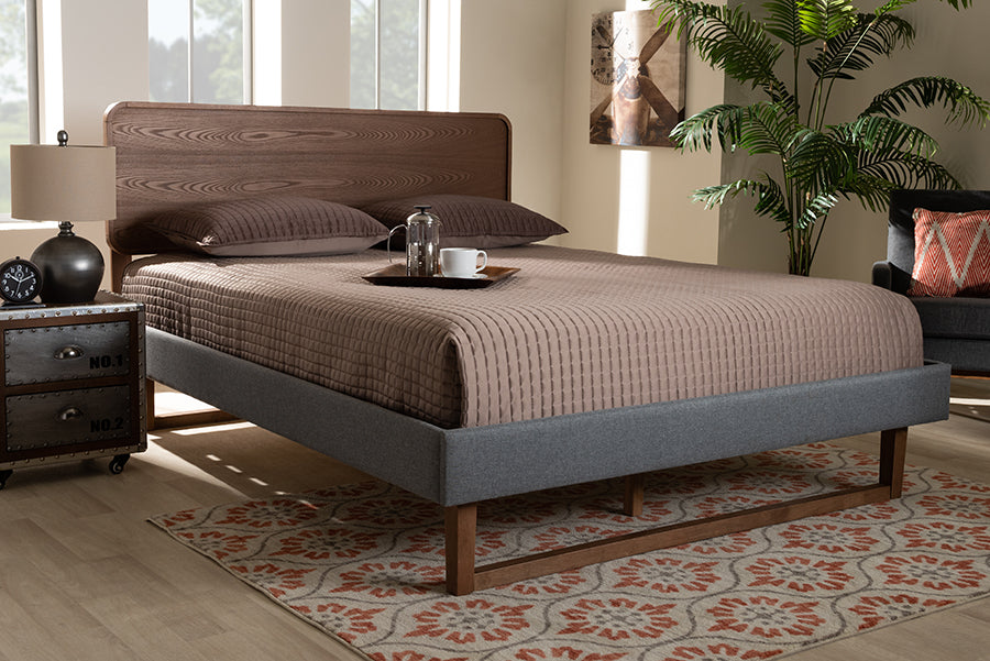 Baxton Studio Ayla Mid-Century Modern Dark Grey Fabric Upholstered Walnut Brown Finished Wood King Size Platform Bed