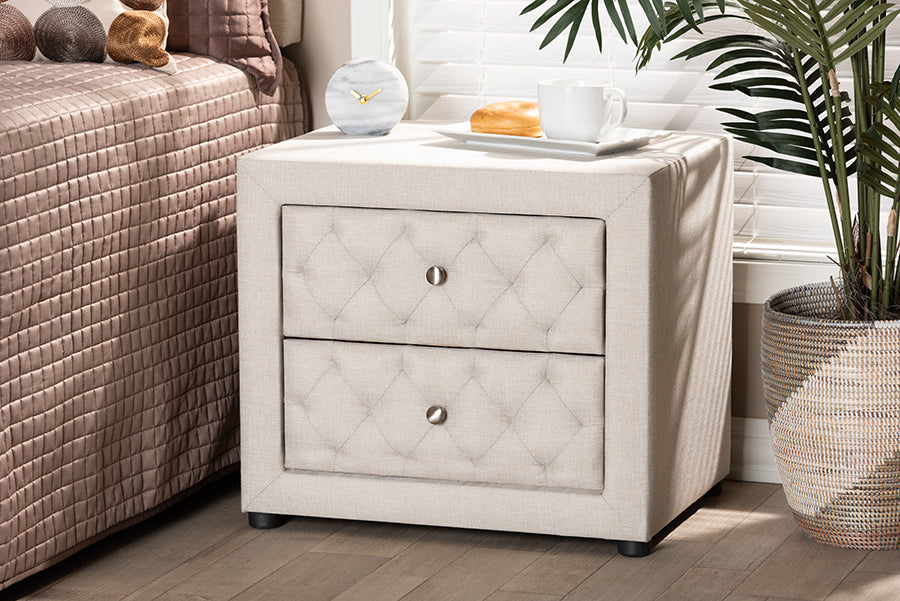 Baxton Studio Lepine Modern and Contemporary Light Beige Fabric Upholstered 2-Drawer Wood Nightstand