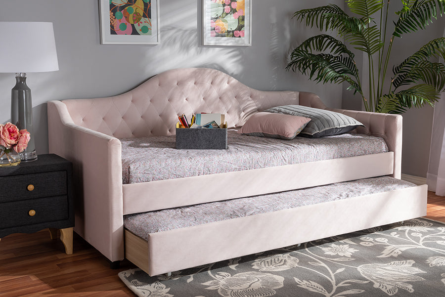 Baxton Studio Perry Modern and Contemporary Light Pink Velvet Fabric Upholstered and Button Tufted Twin Size Daybed with Trundle