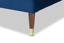 Load image into Gallery viewer, Baxton Studio Volden Glam and Luxe Navy Blue Velvet Fabric Upholstered Full Size Wood Platform Bed Frame with Gold-Tone Leg Tips
