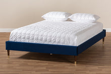 Load image into Gallery viewer, Baxton Studio Volden Glam and Luxe Navy Blue Velvet Fabric Upholstered Full Size Wood Platform Bed Frame with Gold-Tone Leg Tips
