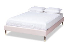 Load image into Gallery viewer, Baxton Studio Volden Glam and Luxe Light Pink Velvet Fabric Upholstered Full Size Wood Platform Bed Frame with Gold-Tone Leg Tips
