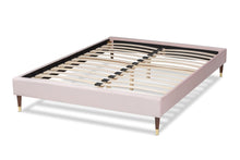 Load image into Gallery viewer, Baxton Studio Volden Glam and Luxe Light Pink Velvet Fabric Upholstered Full Size Wood Platform Bed Frame with Gold-Tone Leg Tips

