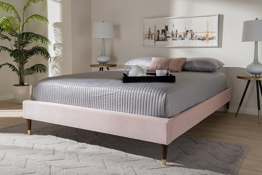 Baxton Studio Volden Glam and Luxe Light Pink Velvet Fabric Upholstered Full Size Wood Platform Bed Frame with Gold-Tone Leg Tips