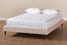 Load image into Gallery viewer, Baxton Studio Volden Glam and Luxe Light Pink Velvet Fabric Upholstered Full Size Wood Platform Bed Frame with Gold-Tone Leg Tips
