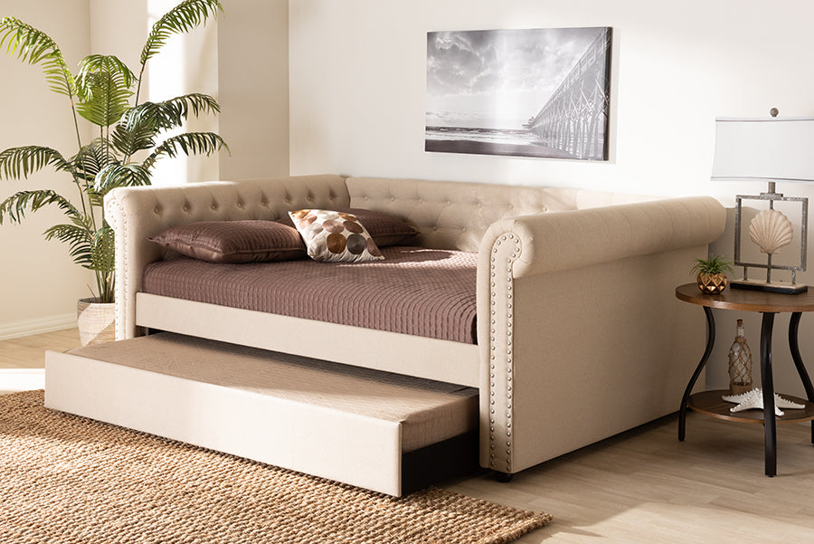Baxton Studio Mabelle Modern and Contemporary Beige Fabric Upholstered Full Size Daybed with Trundle