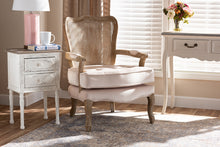 Load image into Gallery viewer, Baxton Studio Vallea Traditional French Provincial Light Beige Velvet Fabric Upholstered White-Washed Oak Wood Armchair
