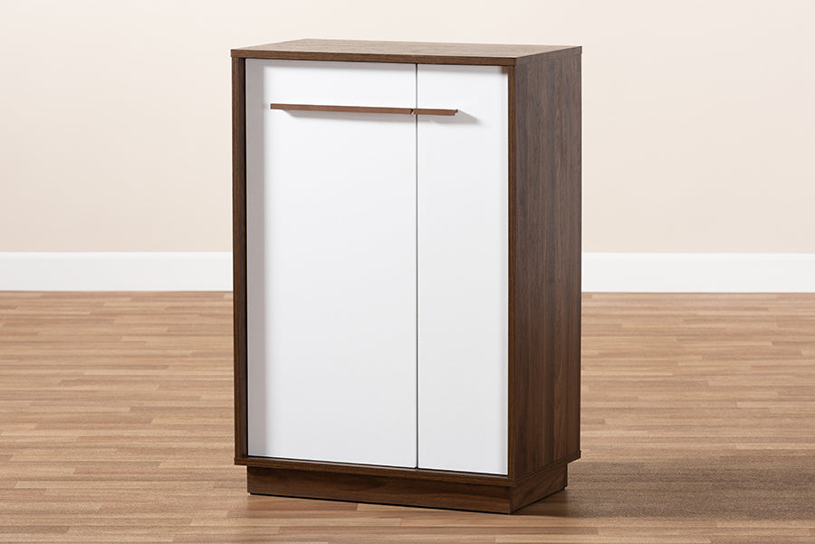 Baxton Studio Mette Mid-Century Modern Two-Tone White and Walnut Finished 5-Shelf Wood Entryway Shoe Cabinet