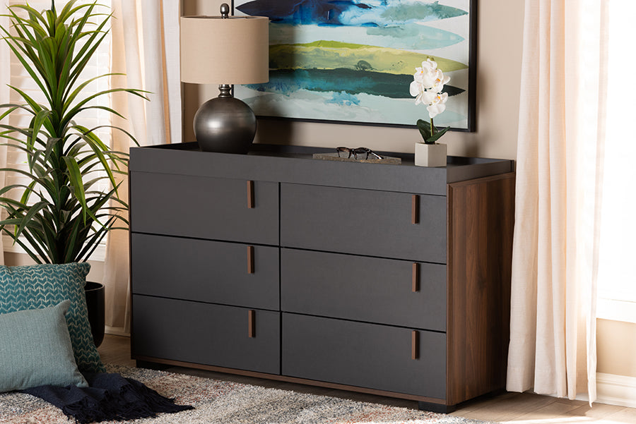 Baxton Studio Rikke Modern and Contemporary Two-Tone Gray and Walnut Finished Wood 6-Drawer Dresser