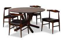 Load image into Gallery viewer, Baxton Studio Berlin Mid-Century Modern Black Faux Leather Upholstered Walnut Finished 5-Piece Wood Dining Set
