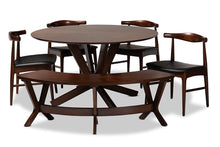 Load image into Gallery viewer, Baxton Studio Berlin Mid-Century Modern Black Faux Leather Upholstered Walnut Finished 6-Piece Wood Dining Set
