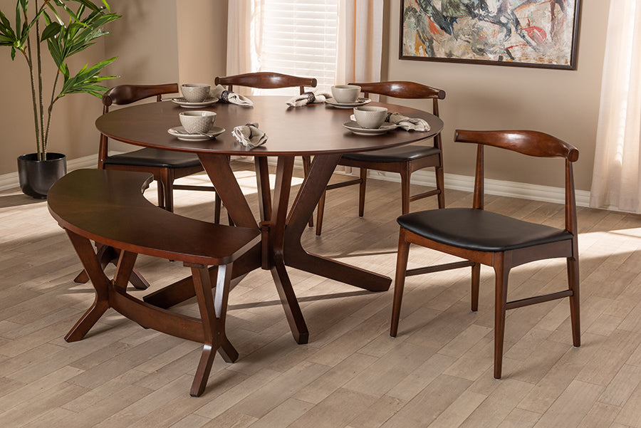 Baxton Studio Berlin Mid-Century Modern Black Faux Leather Upholstered Walnut Finished 6-Piece Wood Dining Set