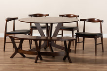Load image into Gallery viewer, Baxton Studio Berlin Mid-Century Modern Black Faux Leather Upholstered Walnut Finished 6-Piece Wood Dining Set
