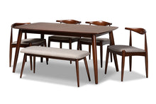 Load image into Gallery viewer, Baxton Studio Aeron Mid-Century Modern Light Gray Fabric Upholstered Walnut Finished Wood 6-Piece Dining Set
