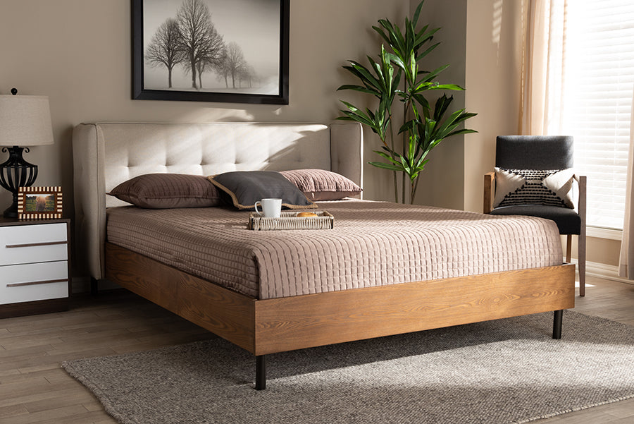 Baxton Studio Catarina Mid-Century Modern Light Beige Fabric Upholstered Walnut Finished Wood King Size Wingback Platform Bed