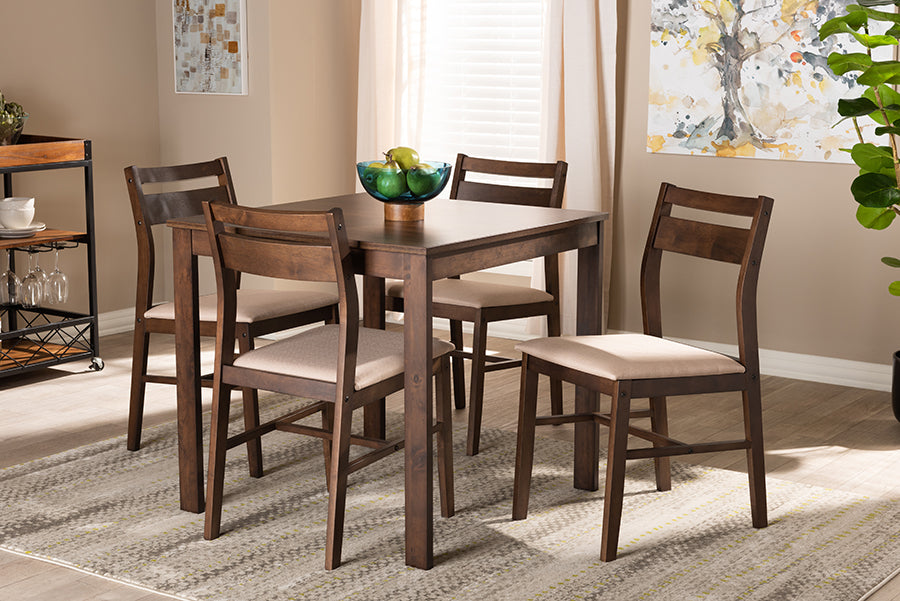 Baxton Studio Lovy Modern and Contemporary Beige Fabric Upholstered Dark Walnut-Finished 5-Piece Wood Dining Set