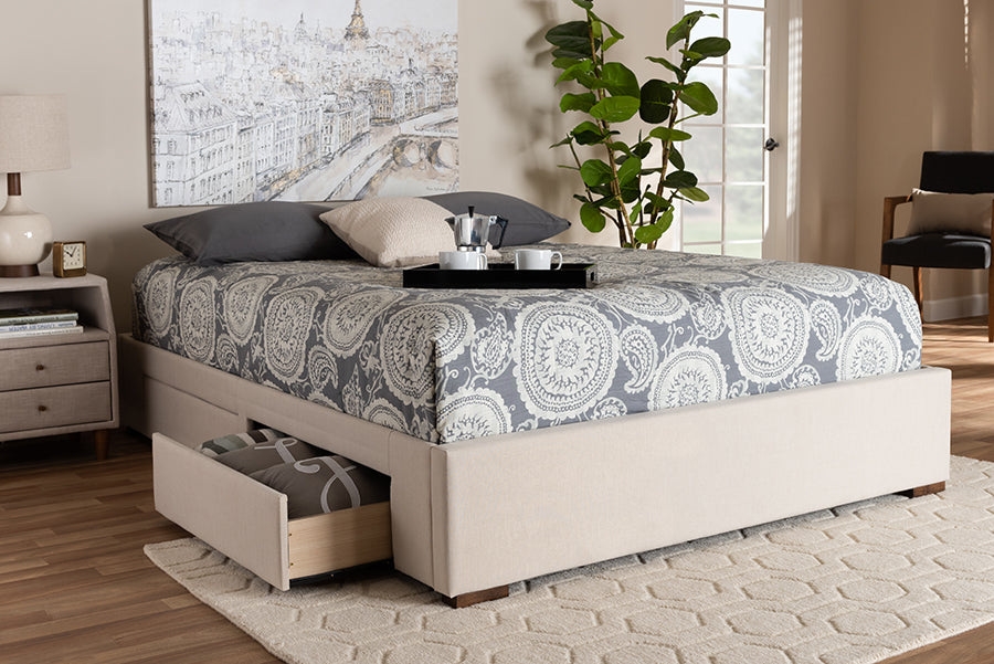 Baxton Studio Leni Modern and Contemporary Beige Fabric Upholstered 4-Drawer King Size Platform Storage Bed Frame