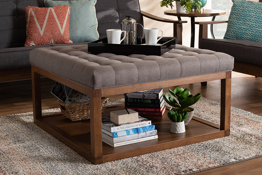 Baxton Studio Alvere Modern and Contemporary Grey Fabric Upholstered Walnut Finished Cocktail Ottoman