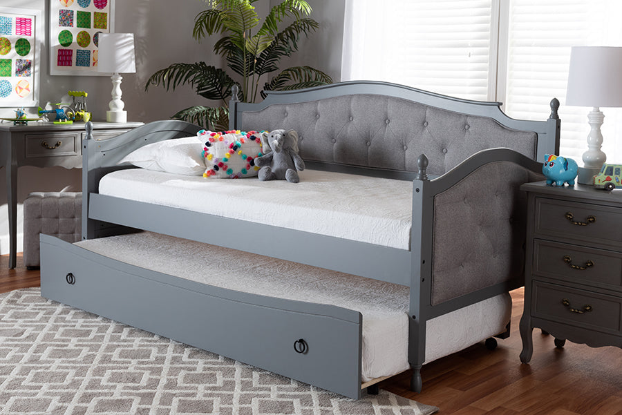 Baxton Studio Marlie Classic and Traditional Grey Fabric Upholstered Grey Finished Wood Twin Size Daybed with Trundle