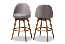 Load image into Gallery viewer, Baxton Studio Carra Mid-Century Modern Grey Fabric Upholstered Walnut-Finished Wood Swivel Bar Stool Set of 2
