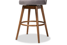Load image into Gallery viewer, Baxton Studio Carra Mid-Century Modern Grey Fabric Upholstered Walnut-Finished Wood Swivel Bar Stool Set of 2
