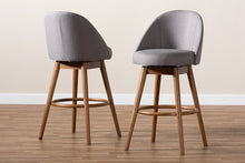 Load image into Gallery viewer, Baxton Studio Carra Mid-Century Modern Grey Fabric Upholstered Walnut-Finished Wood Swivel Bar Stool Set of 2
